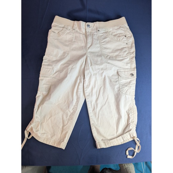Women's Capri Pants Beige Cargo Casual Drawstring Hem Relaxed Fit Size 8 - Picture 1 of 13